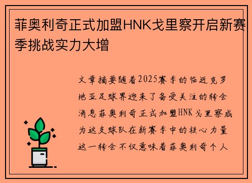 菲奥利奇正式加盟HNK戈里察开启新赛季挑战实力大增